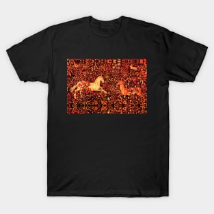 UNICORN AND DEER AMONG RED FLOWERS, FOREST ANIMALS FLEMISH FLORAL T-Shirt